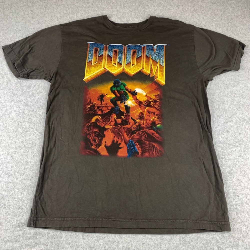 Bethesda DOOM T-Shirt Mens Large Gray Graphic Print Retro Video Game Box Art